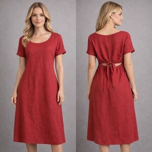 Vintage linen lagenlook red loose fit dress. Super cute back  design.